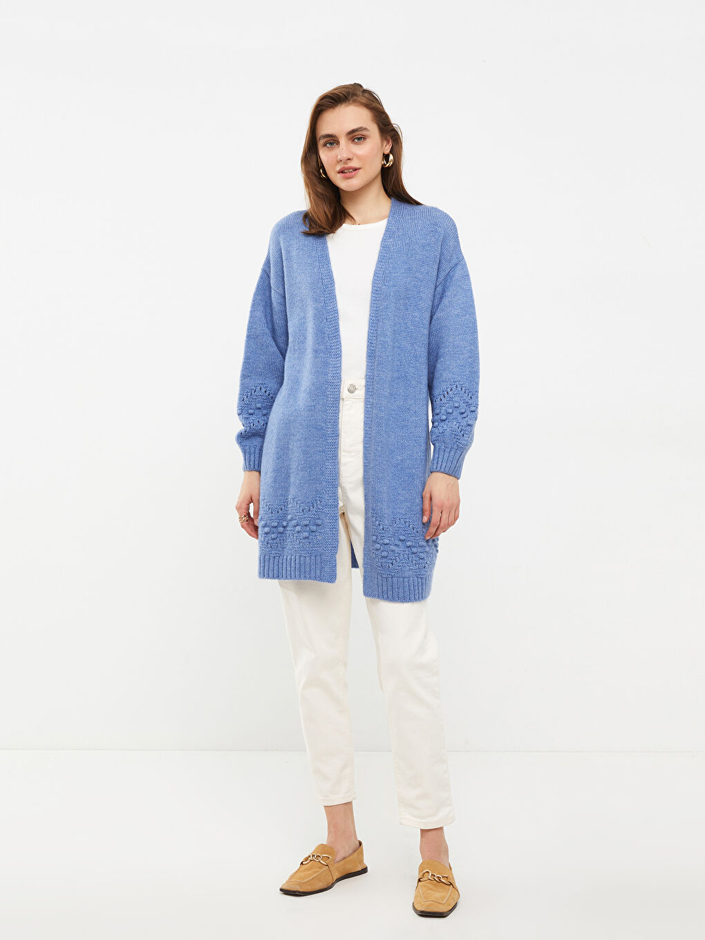 Mavi Şal Yaka Kendinden Desenli Uzun Kollu Kadın Triko Hırka-1