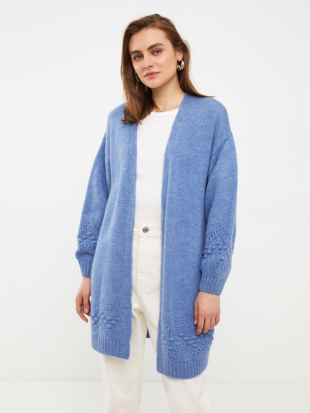 Mavi Şal Yaka Kendinden Desenli Uzun Kollu Kadın Triko Hırka-2