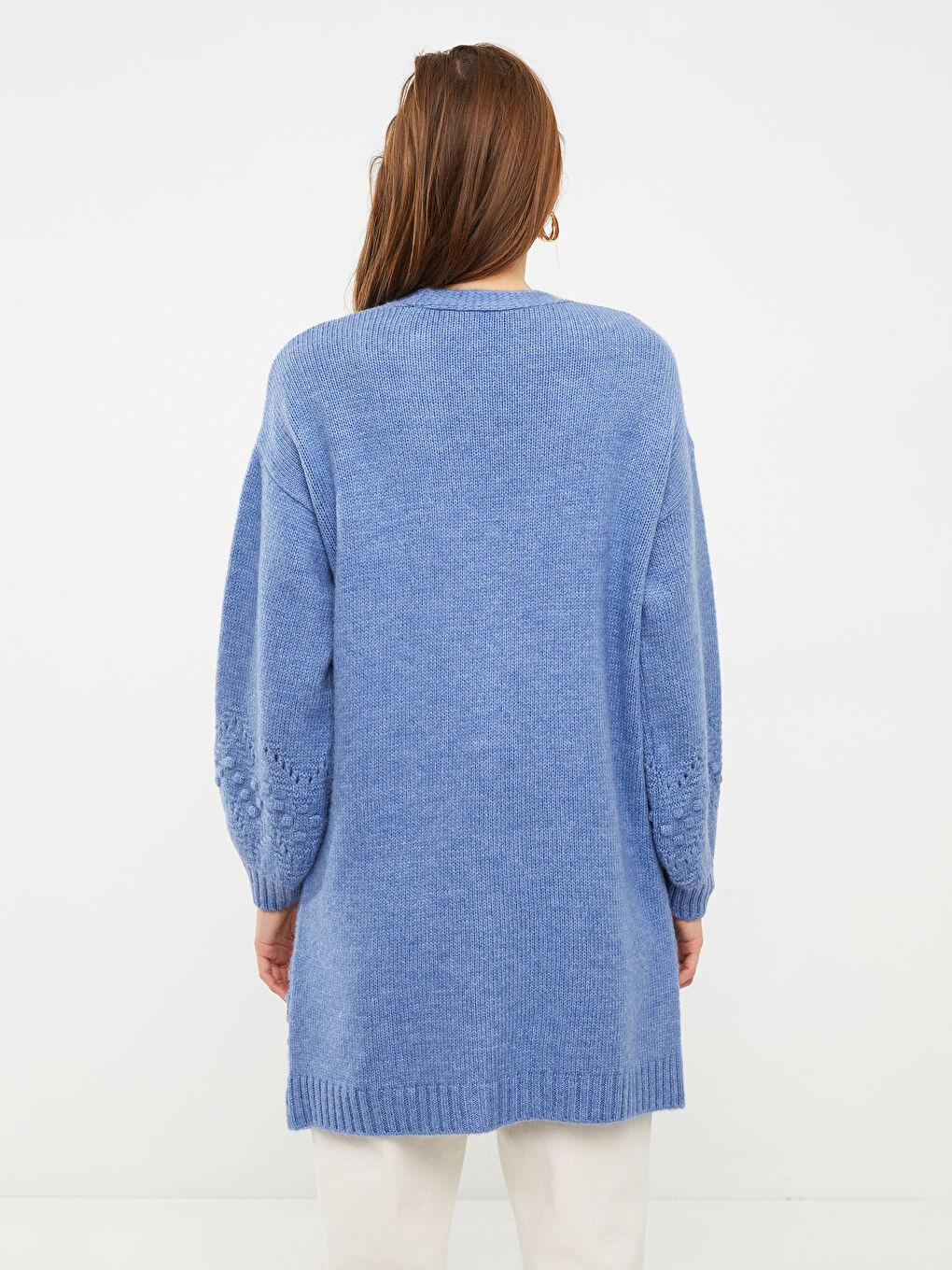 Mavi Şal Yaka Kendinden Desenli Uzun Kollu Kadın Triko Hırka-4