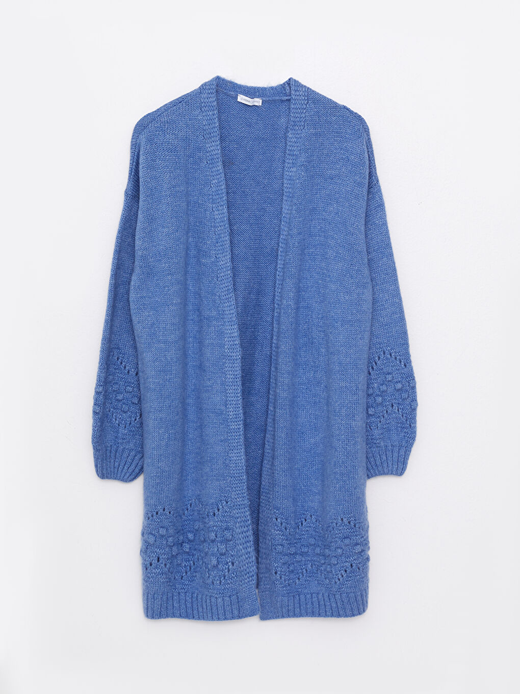 Mavi Şal Yaka Kendinden Desenli Uzun Kollu Kadın Triko Hırka-5