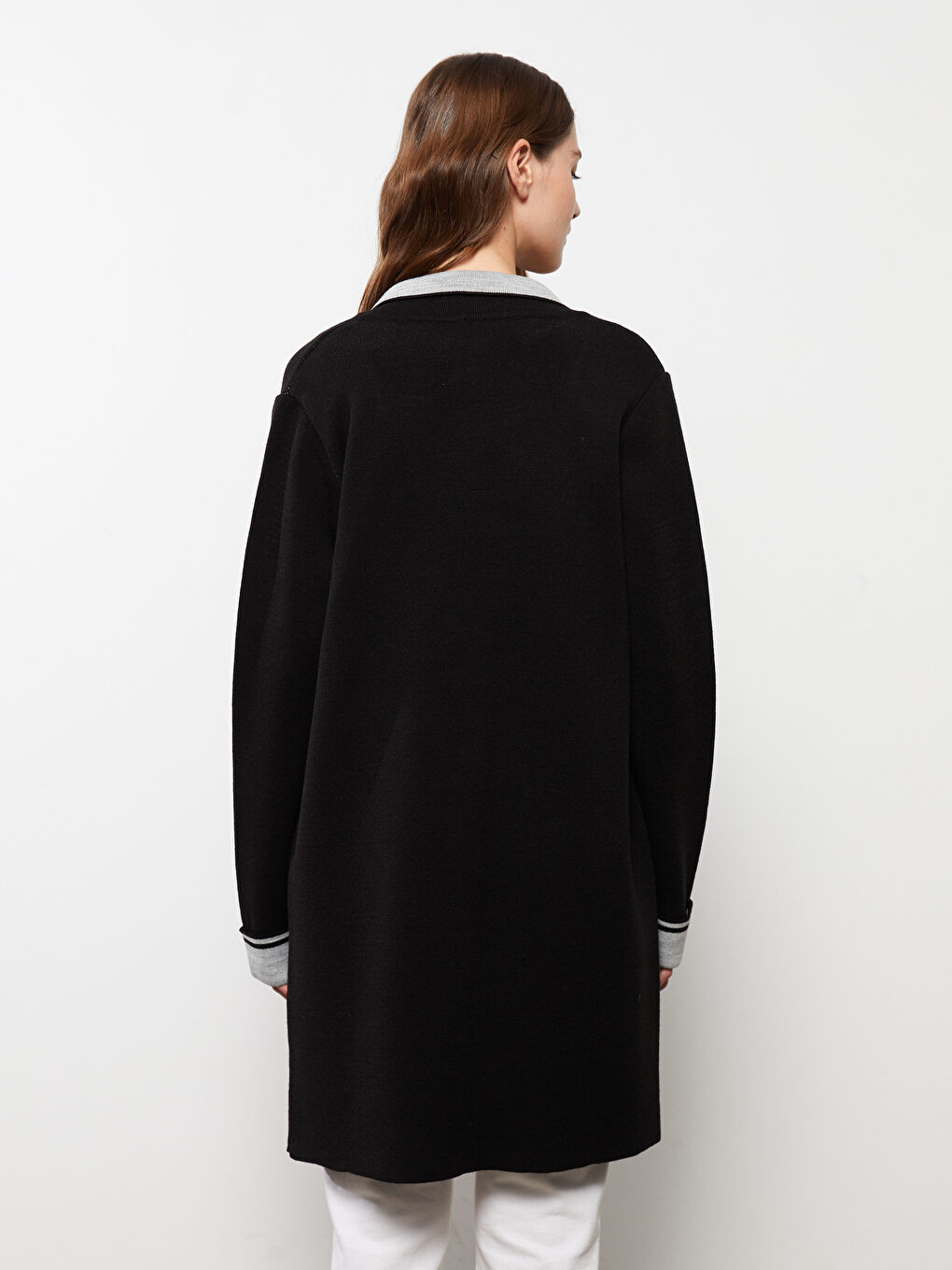 Siyah Polo Yaka Düz Uzun Kollu Triko Kadın Hırka-3