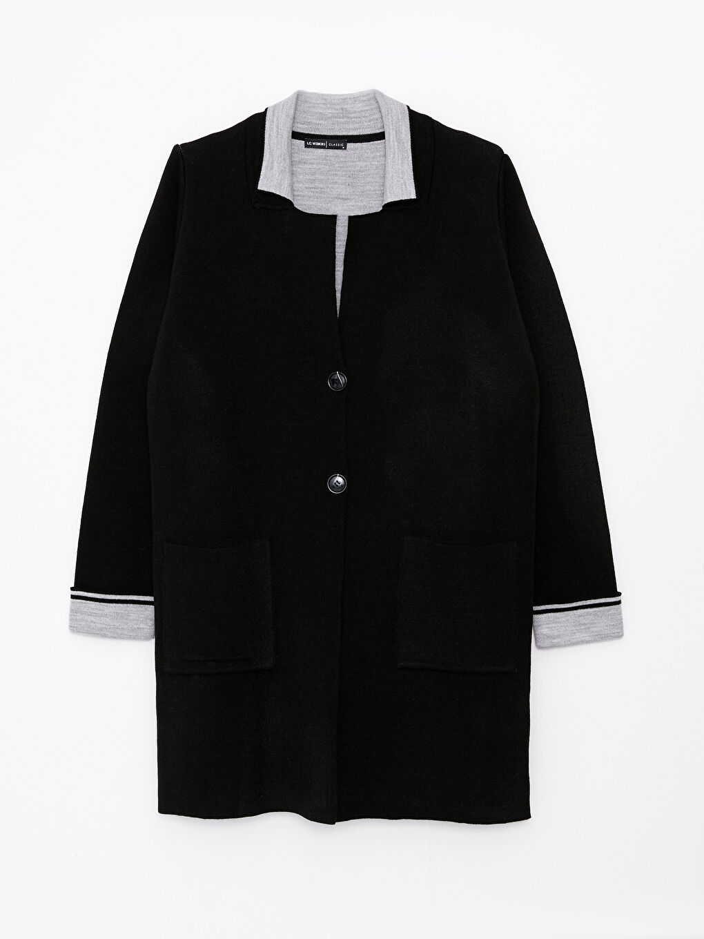 Siyah Polo Yaka Düz Uzun Kollu Triko Kadın Hırka-4