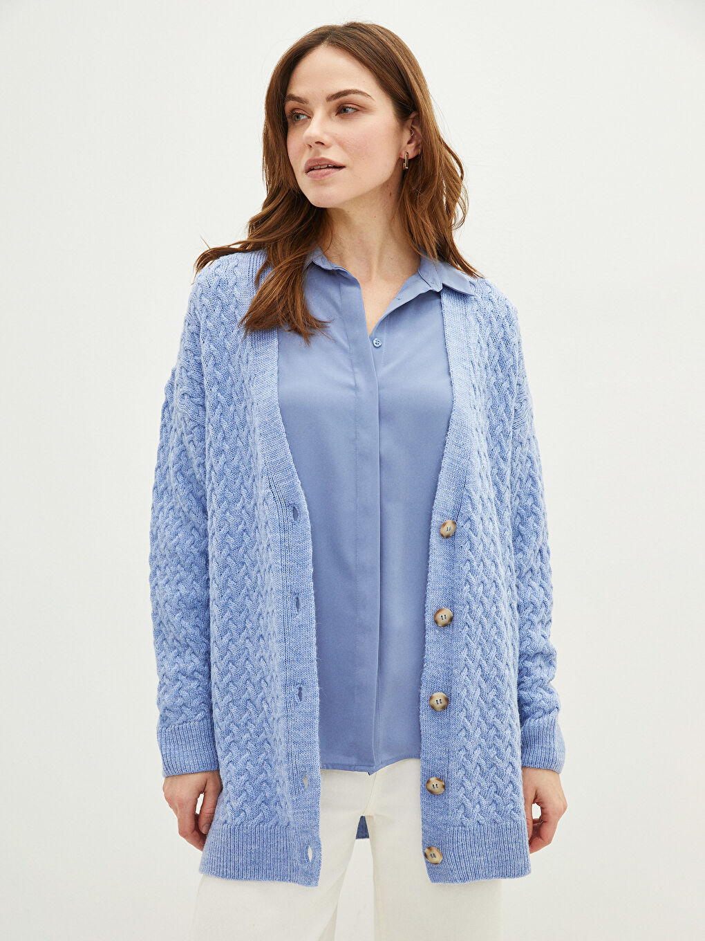 V-Neck Self Patterned Long Sleeve Women's Knitwear Cardigan