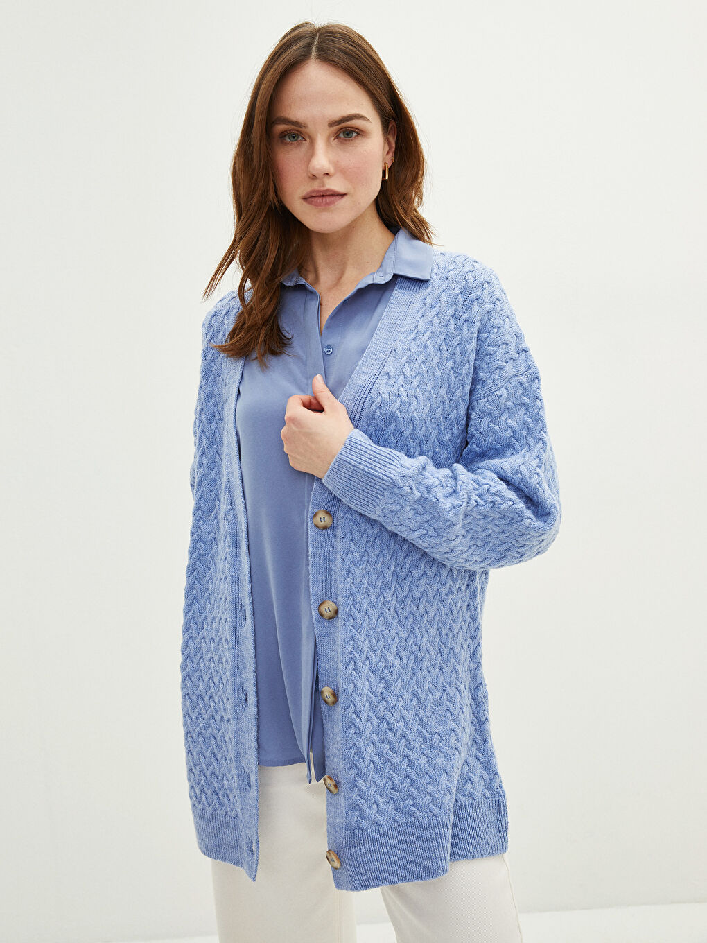 V-Neck Self Patterned Long Sleeve Women's Knitwear Cardigan-1
