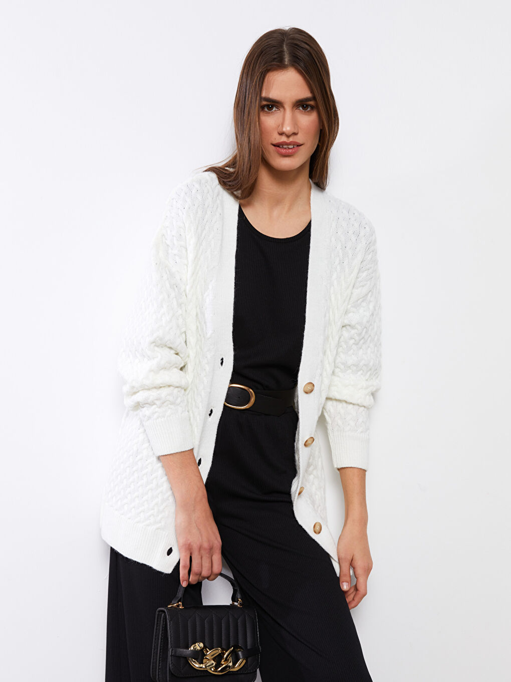 Ekru V Yaka Kendinden Desenli Uzun Kollu Kadın Triko Hırka-1