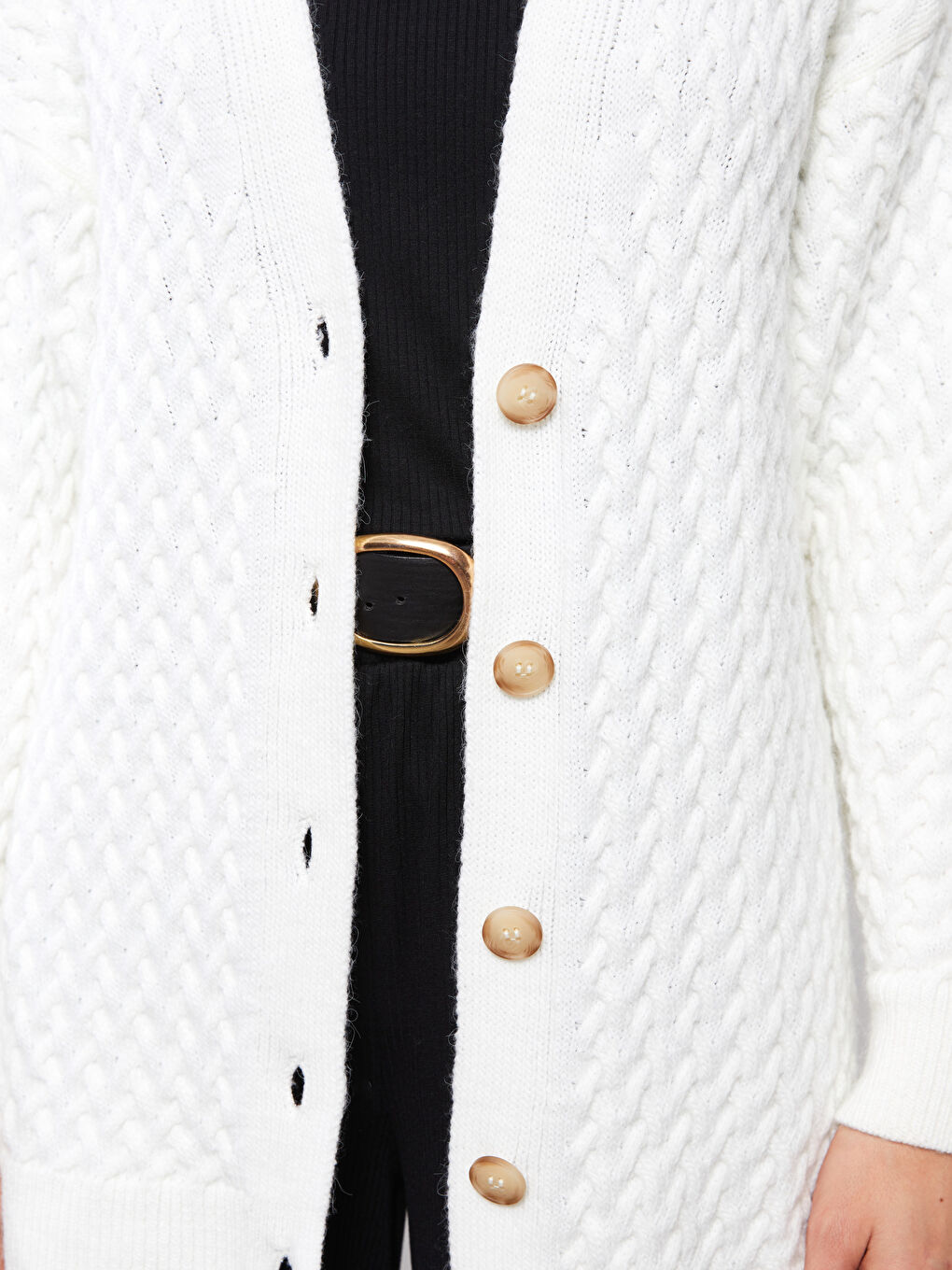 Ekru V Yaka Kendinden Desenli Uzun Kollu Kadın Triko Hırka-3