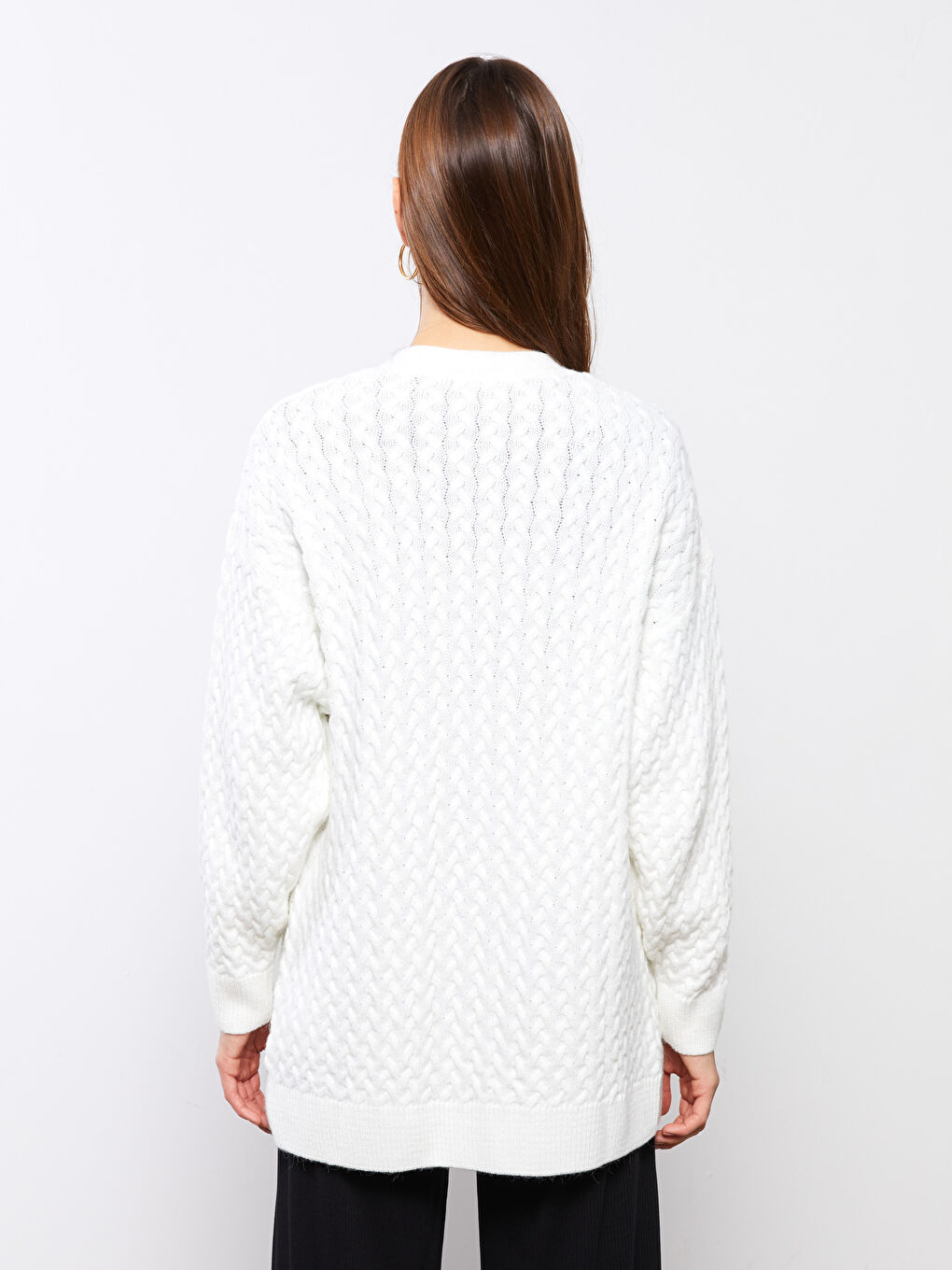 Ekru V Yaka Kendinden Desenli Uzun Kollu Kadın Triko Hırka-4