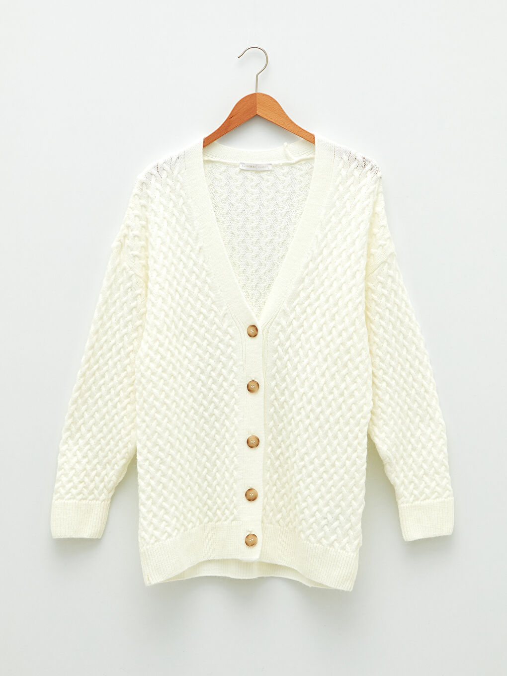 Ekru V Yaka Kendinden Desenli Uzun Kollu Kadın Triko Hırka-5