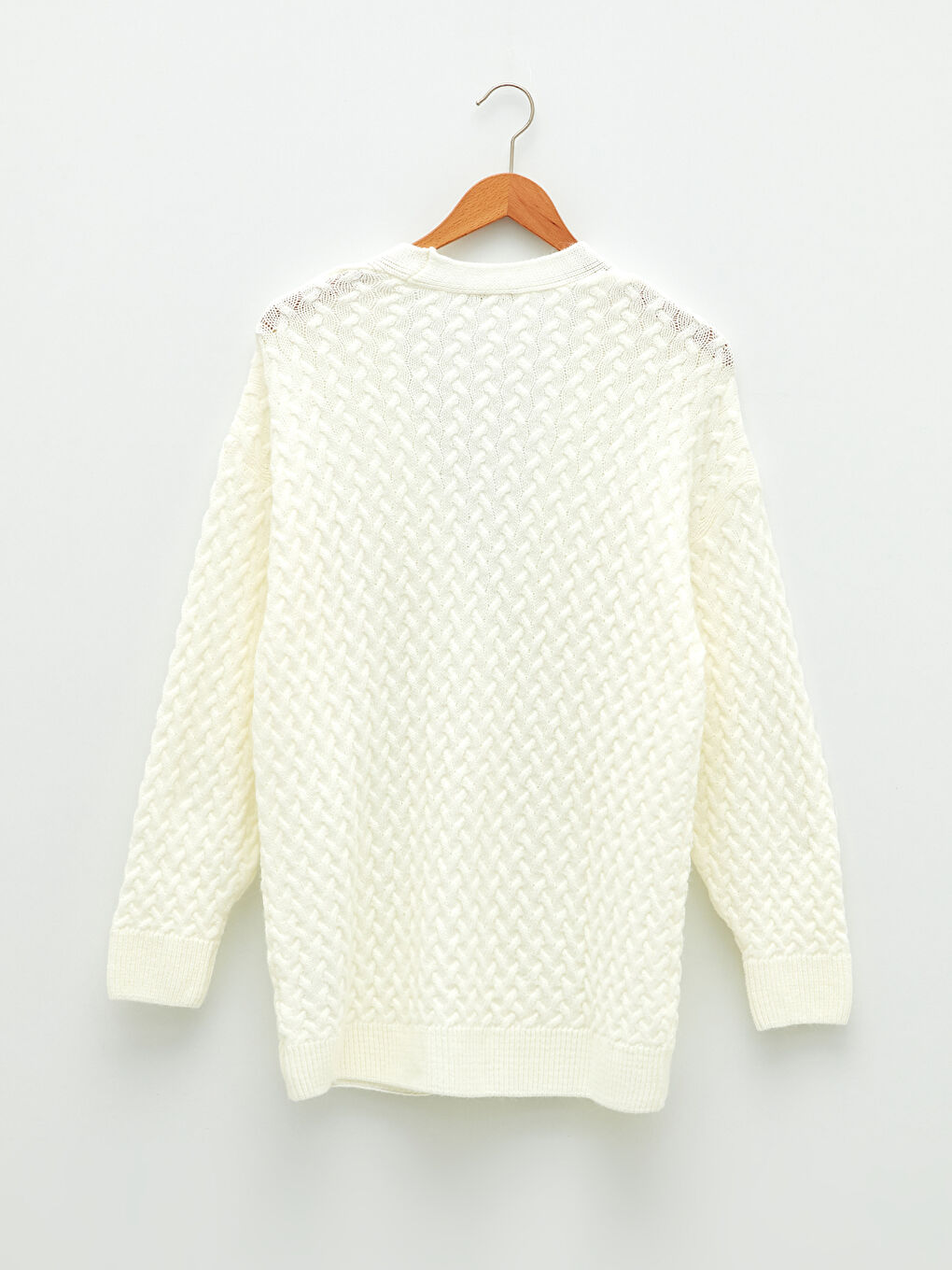 Ekru V Yaka Kendinden Desenli Uzun Kollu Kadın Triko Hırka-6