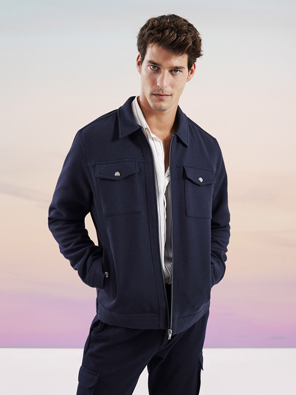 Lacivert Slim Fit Gömlek Yaka Erkek Mont