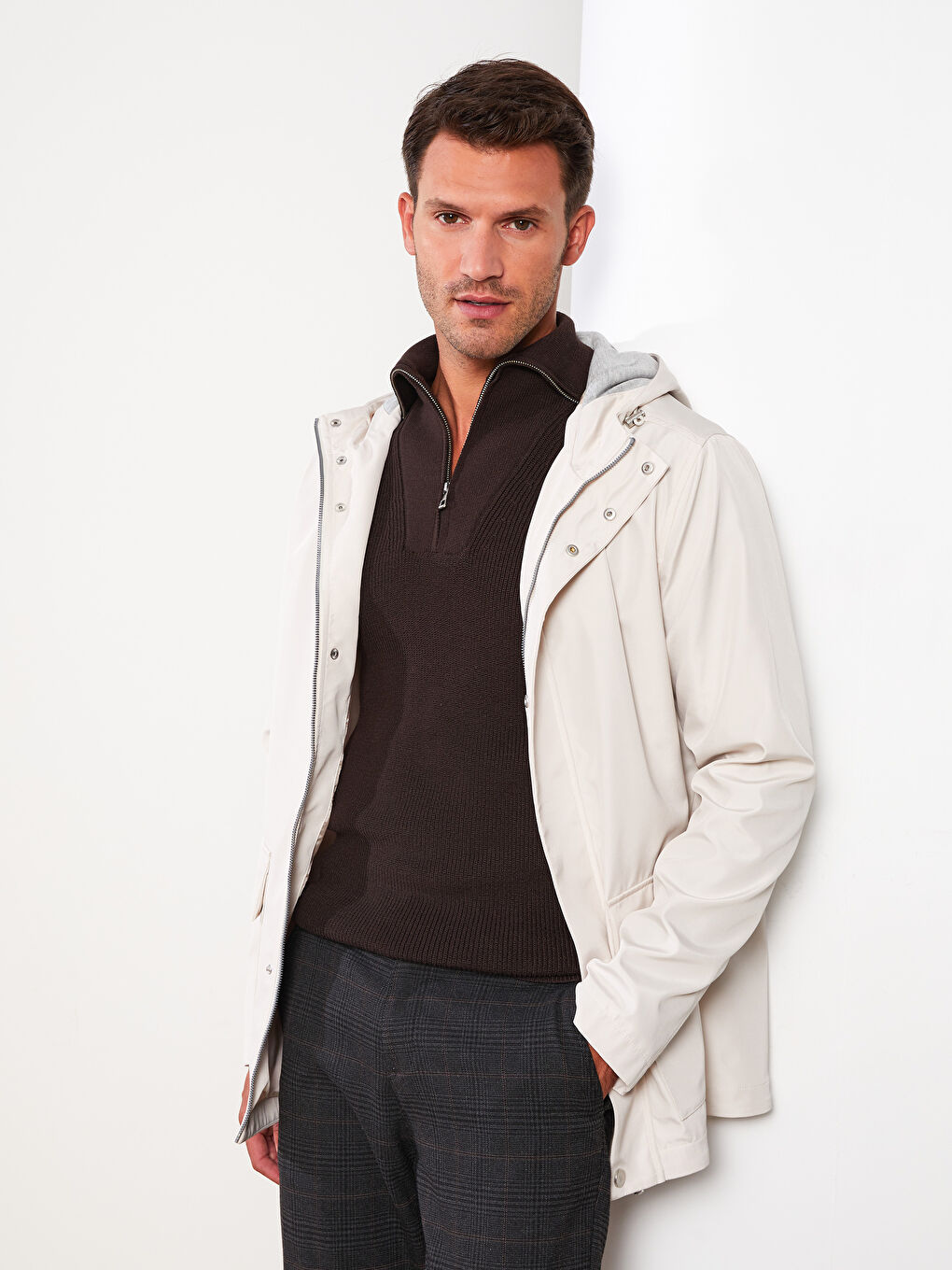 Bej Slim Fit Kapüşonlu Erkek Mont-3