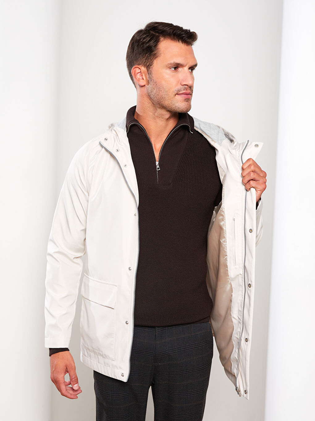 Bej Slim Fit Kapüşonlu Erkek Mont-5