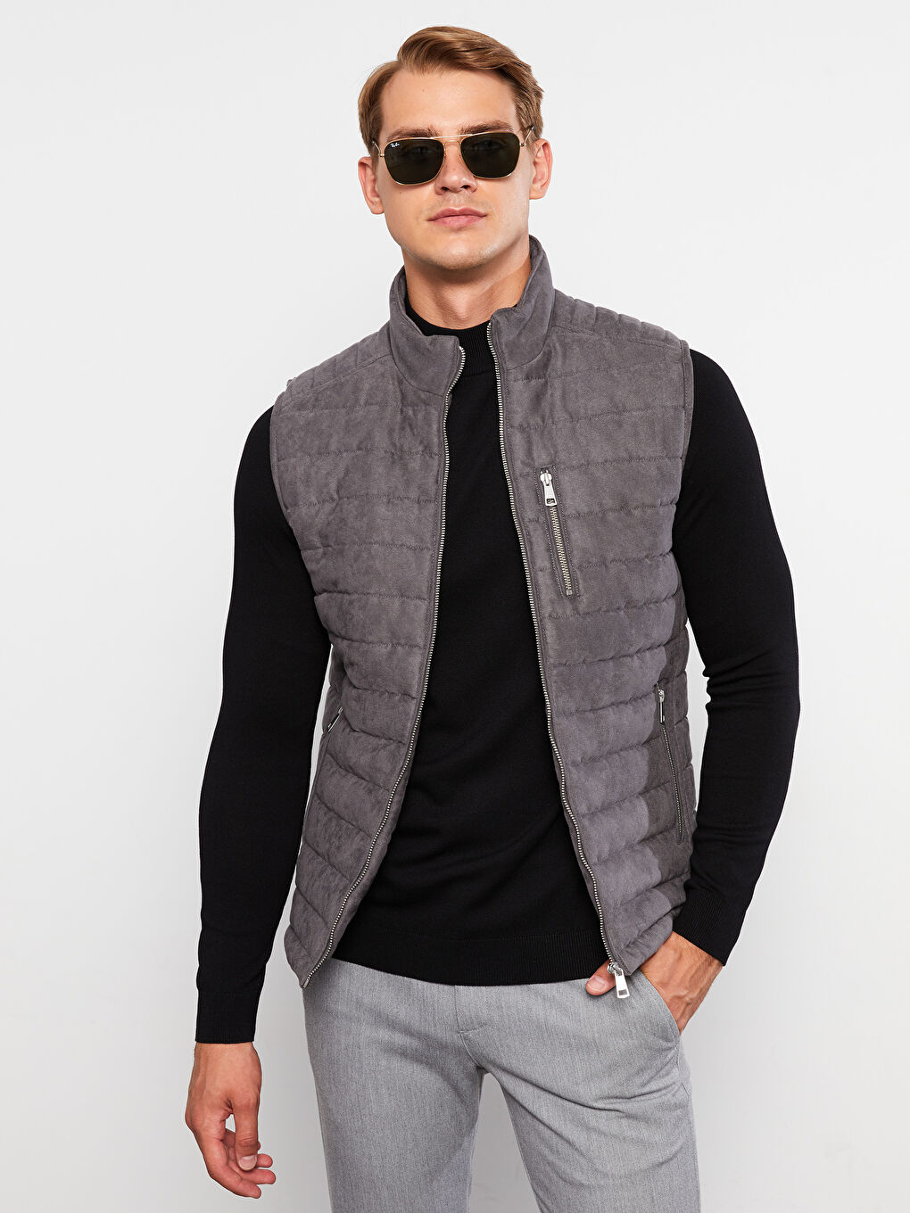 Gri Slim Fit Dik Yaka Süet Erkek Yelek