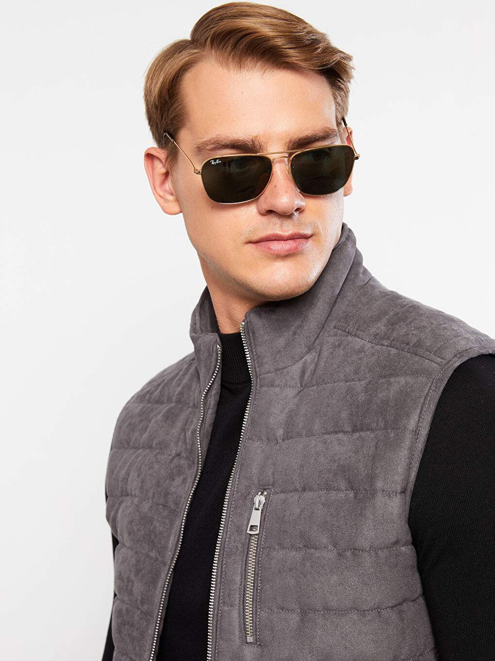 Gri Slim Fit Dik Yaka Süet Erkek Yelek-2