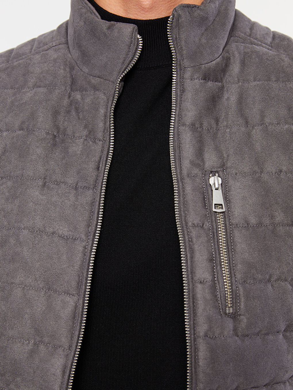Gri Slim Fit Dik Yaka Süet Erkek Yelek-3