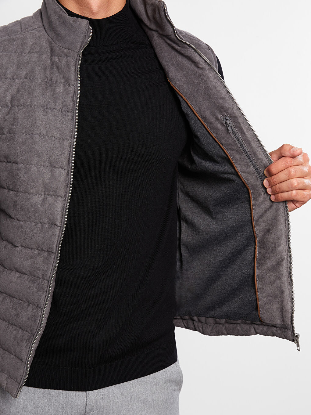 Gri Slim Fit Dik Yaka Süet Erkek Yelek-4