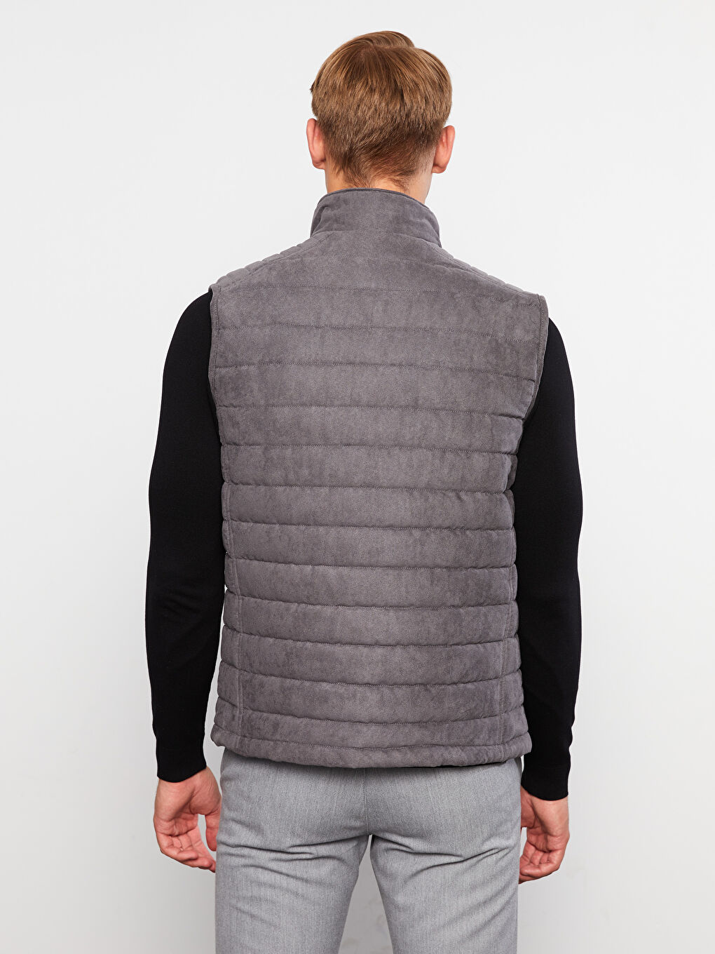 Gri Slim Fit Dik Yaka Süet Erkek Yelek-5