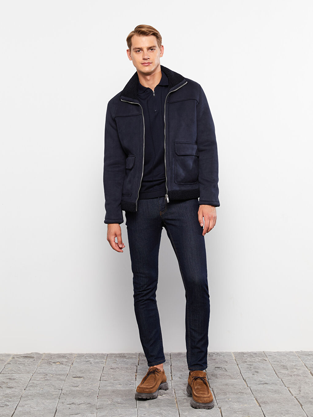 Lacivert Standart Kalıp Dik Yaka Süet Erkek Mont