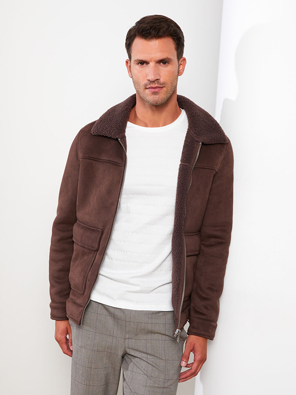 Kahverengi Standart Kalıp Gömlek Yaka Erkek Süet Mont-2