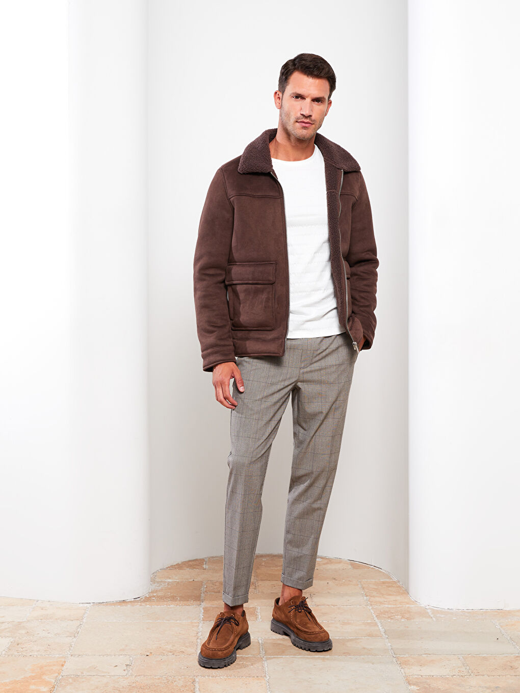 Kahverengi Standart Kalıp Gömlek Yaka Erkek Süet Mont-3