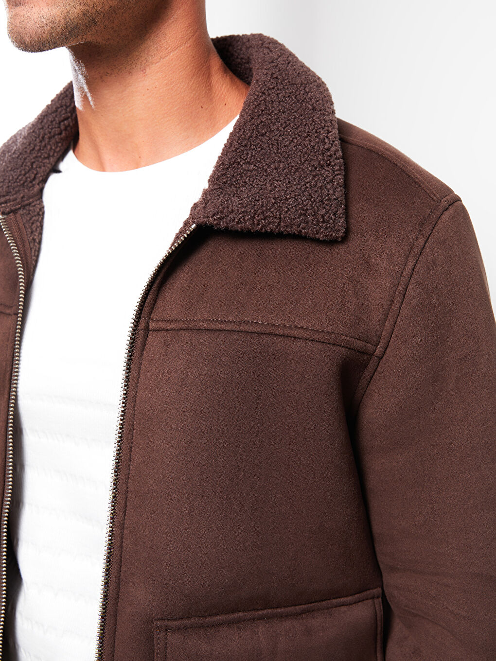 Kahverengi Standart Kalıp Gömlek Yaka Erkek Süet Mont-4