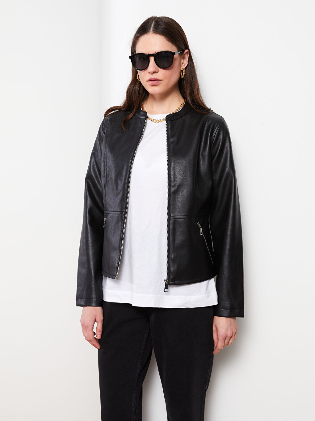 Geacă din piele ecologică cu guler tip pâlnie, mânecă lungă, detalii cu buzunar, pentru Femei-3