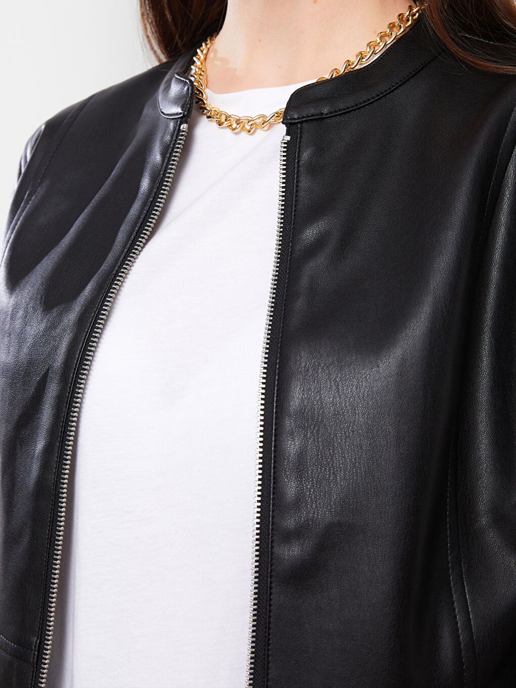 Geacă din piele ecologică cu guler tip pâlnie, mânecă lungă, detalii cu buzunar, pentru Femei-4