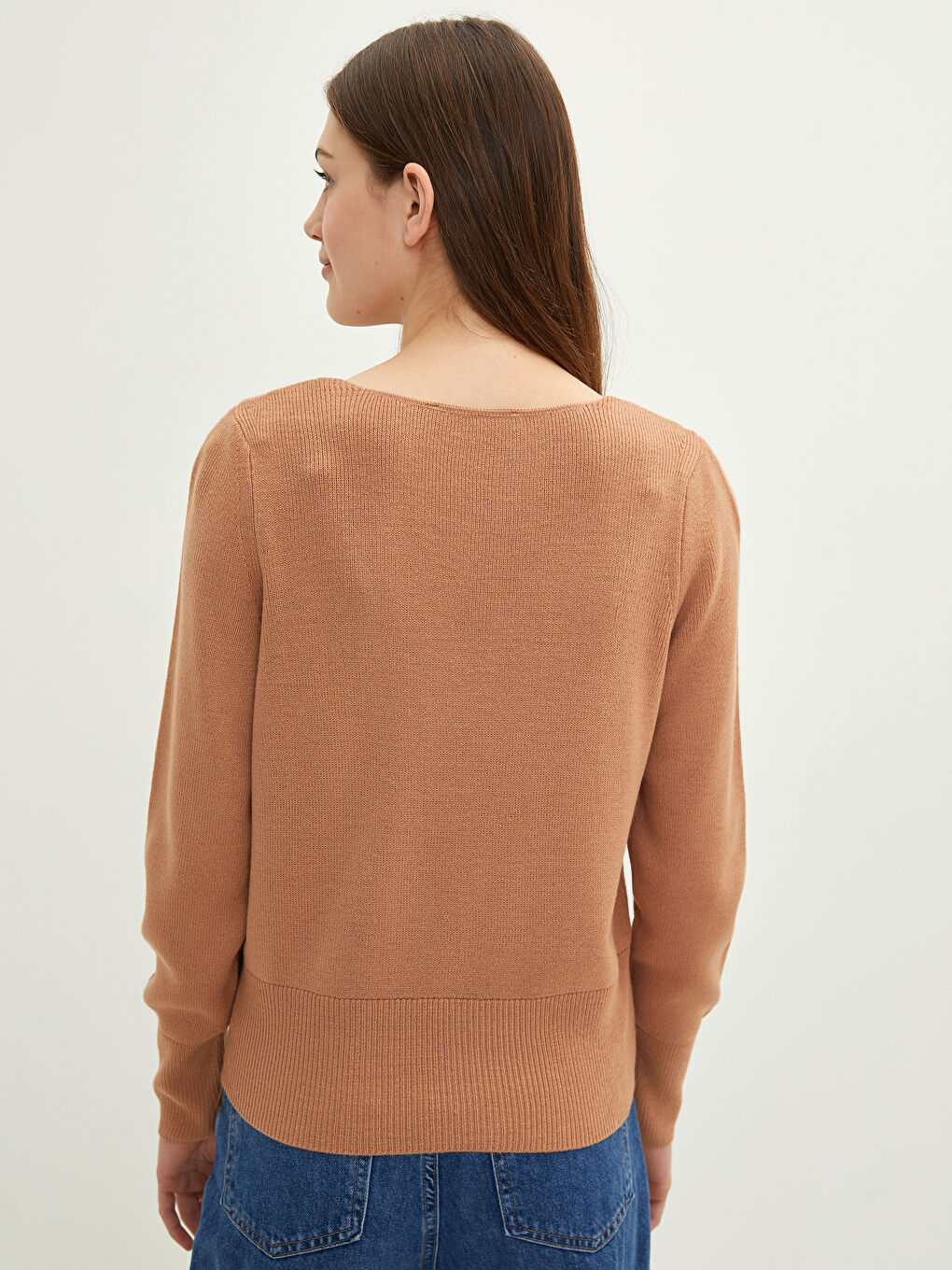 Kahverengi V Yaka Düz Uzun Kollu Kadın Triko Kazak-3