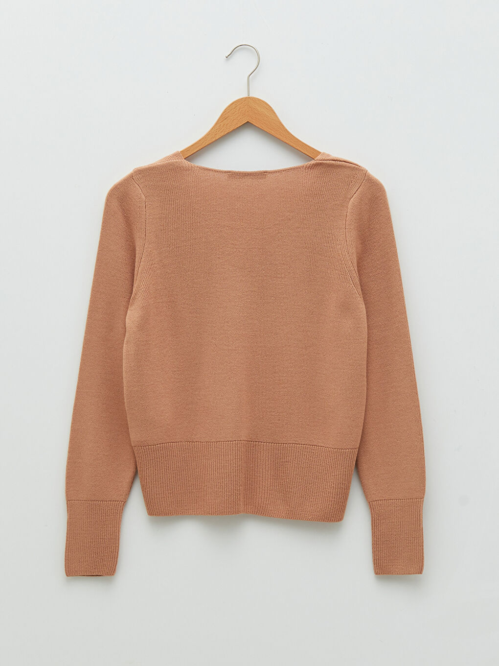 Kahverengi V Yaka Düz Uzun Kollu Kadın Triko Kazak-5