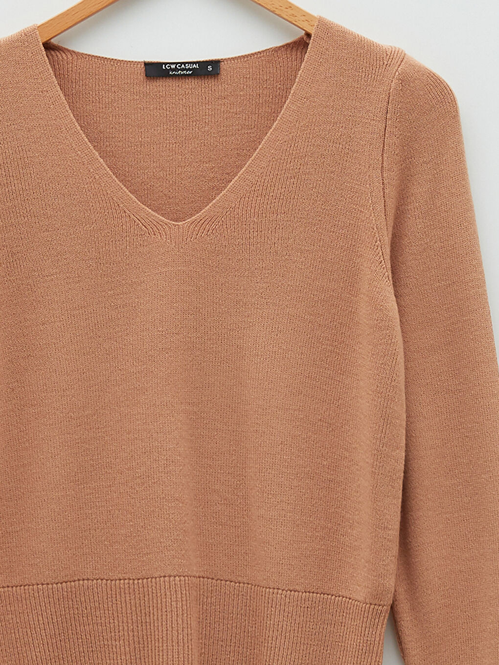 Kahverengi V Yaka Düz Uzun Kollu Kadın Triko Kazak-6