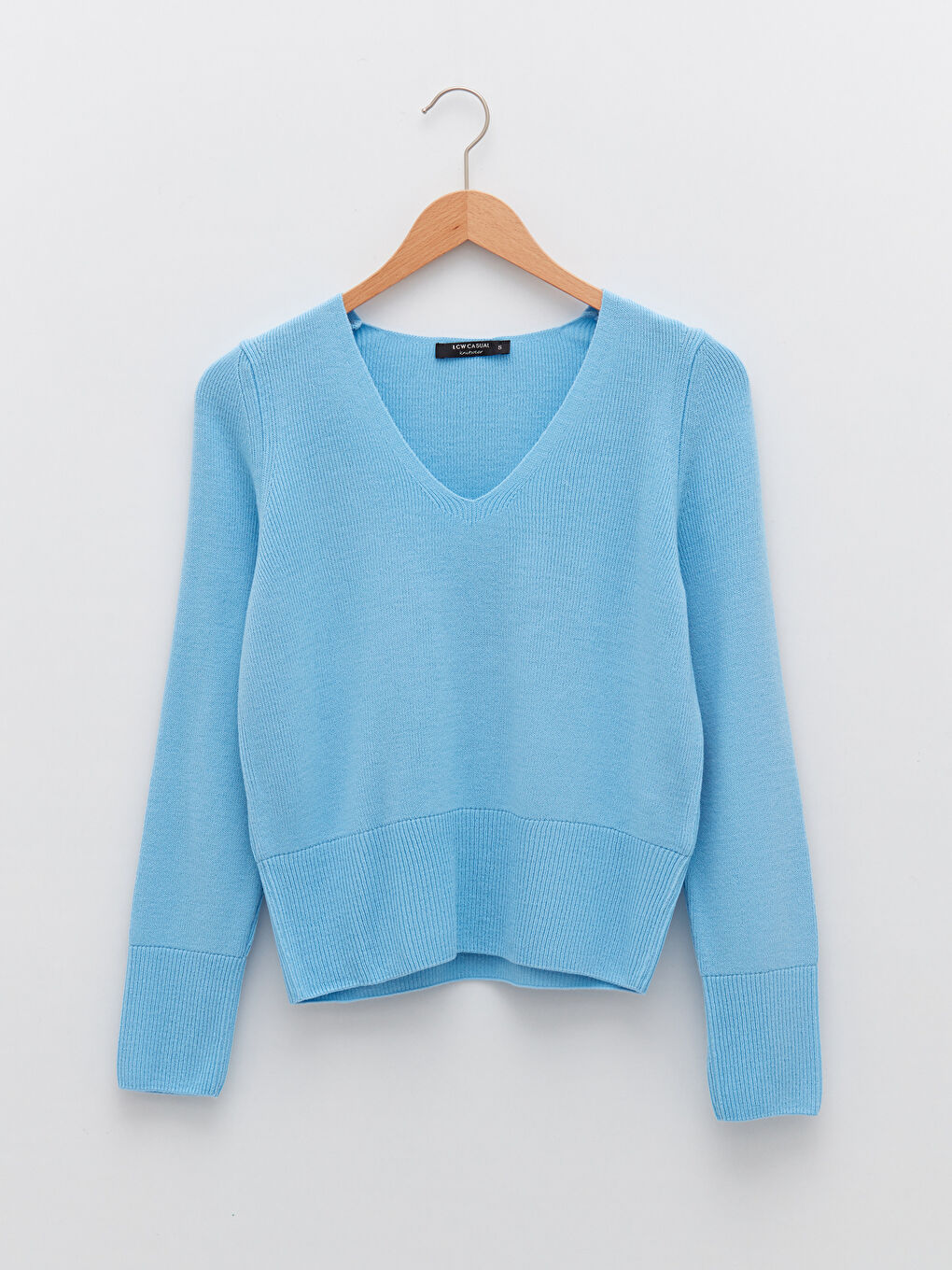 Mavi V Yaka Düz Uzun Kollu Kadın Triko Kazak-4