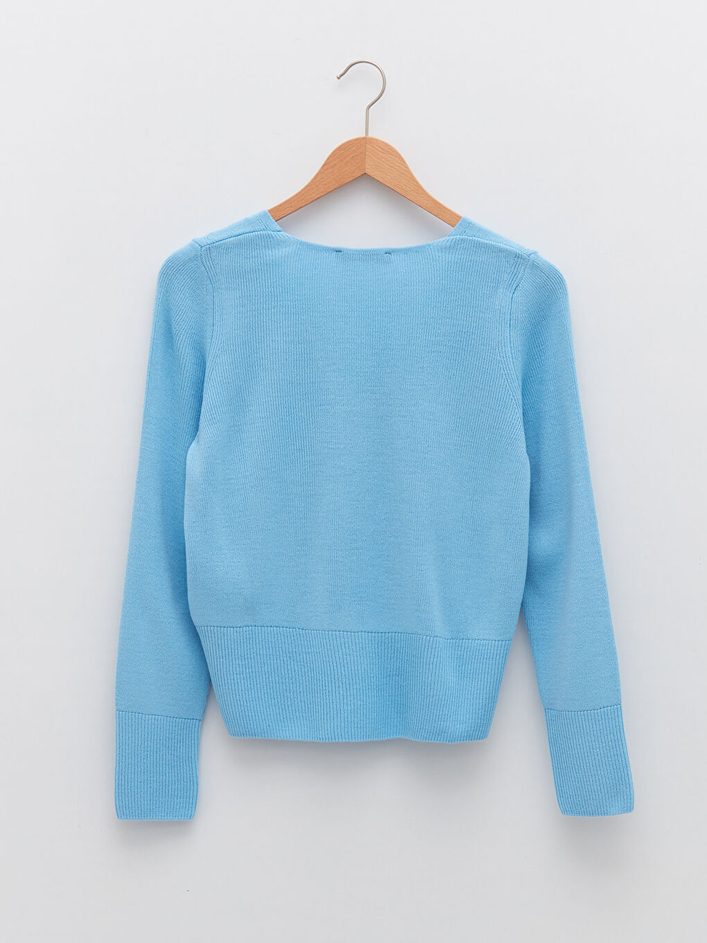 Mavi V Yaka Düz Uzun Kollu Kadın Triko Kazak-5