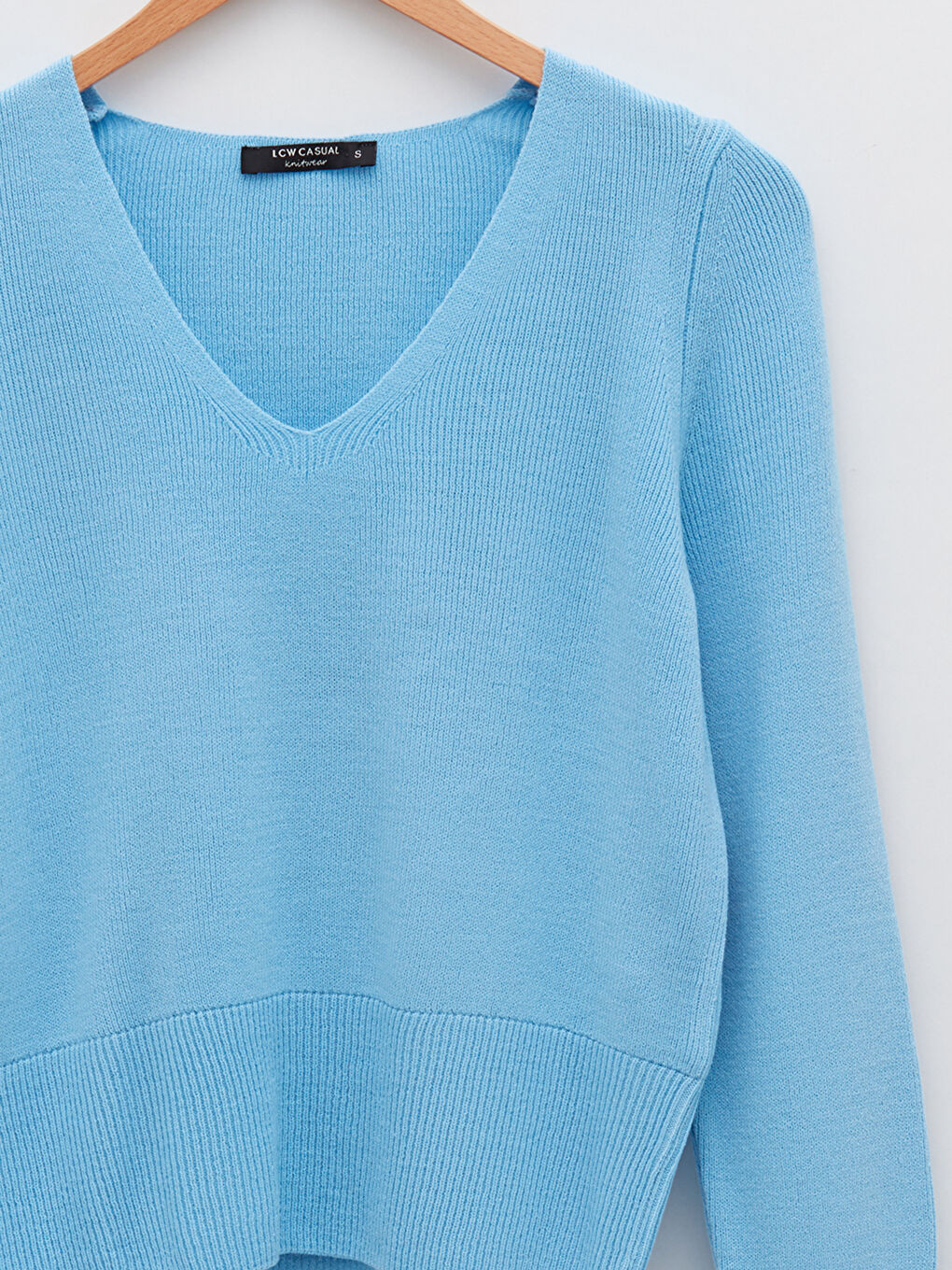 Mavi V Yaka Düz Uzun Kollu Kadın Triko Kazak-6