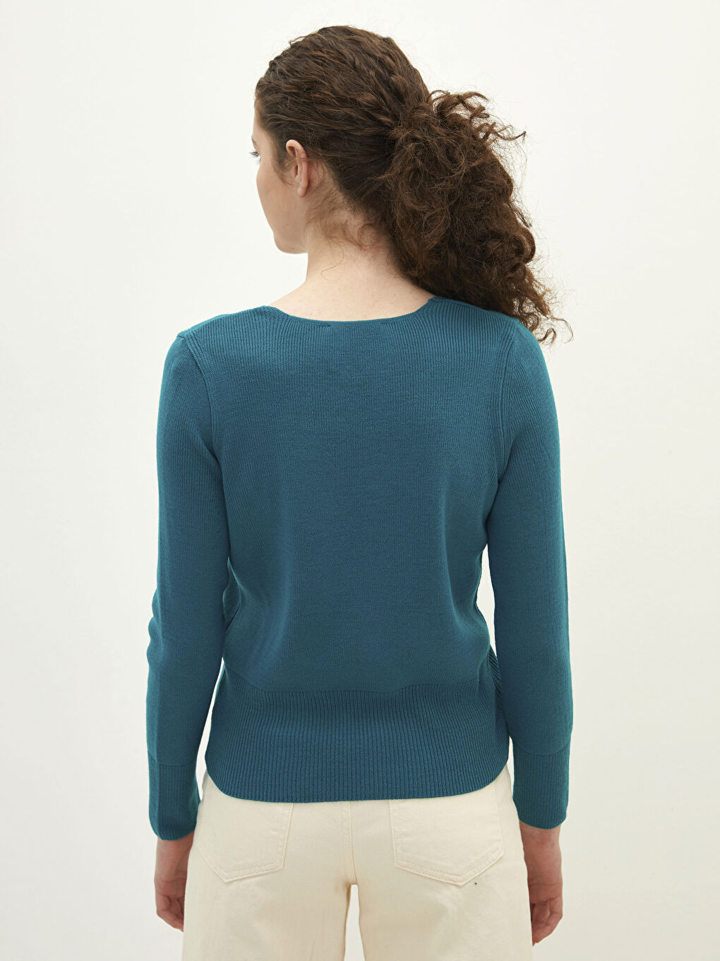 V Neck Plain Long Sleeve Women's Knitwear Sweater-3