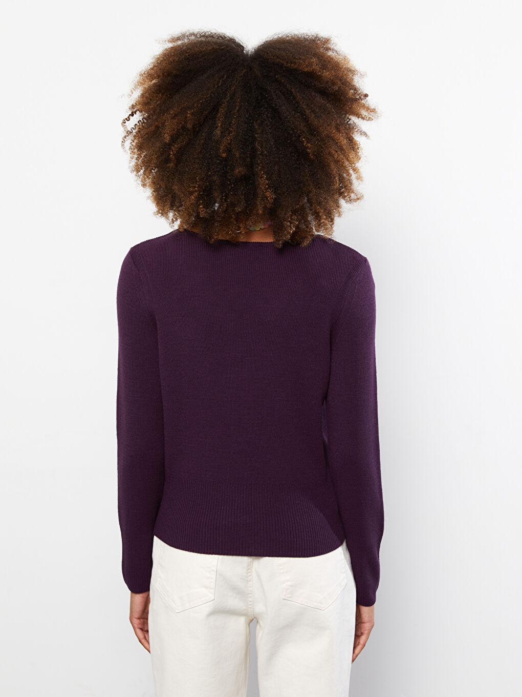 Mor V Yaka Düz Uzun Kollu Kadın Triko Kazak-5