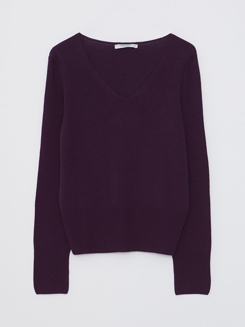 Mor V Yaka Düz Uzun Kollu Kadın Triko Kazak-6