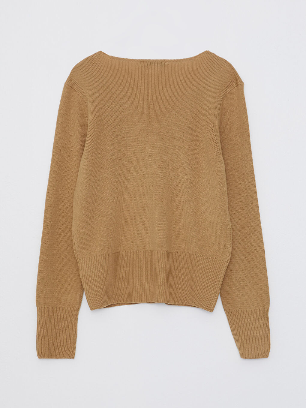 Bej V Yaka Düz Uzun Kollu Kadın Triko Kazak-1