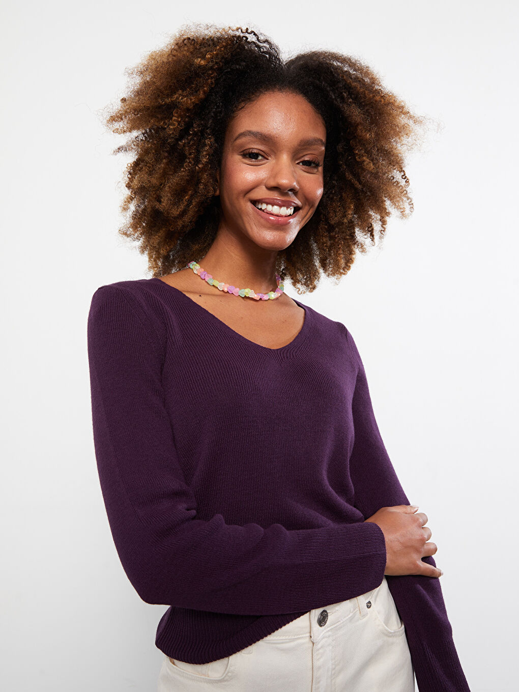 Mor V Yaka Düz Uzun Kollu Kadın Triko Kazak