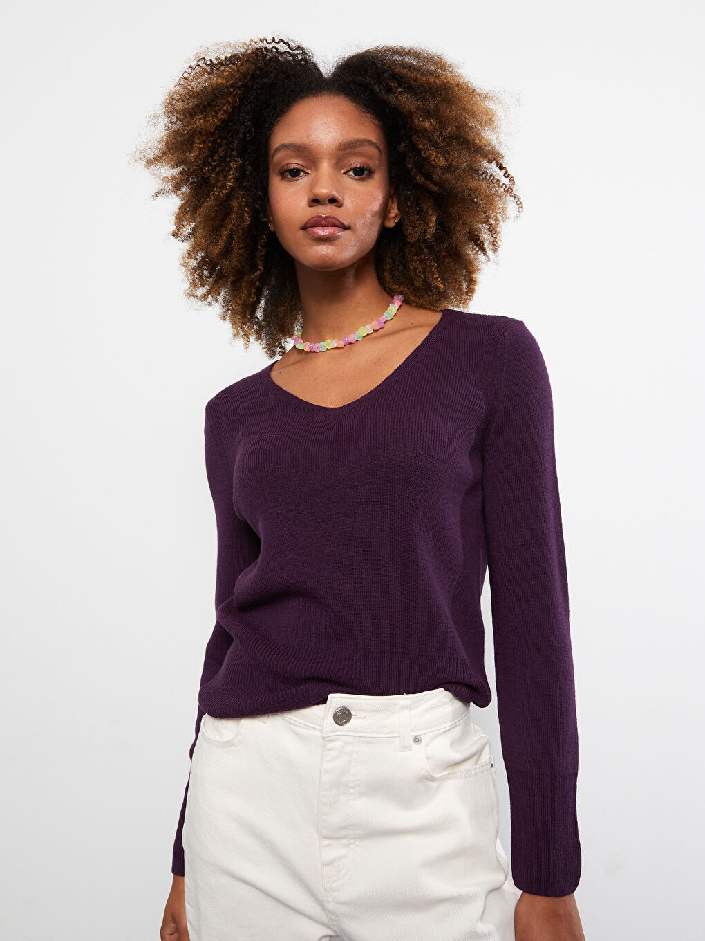 Mor V Yaka Düz Uzun Kollu Kadın Triko Kazak-1