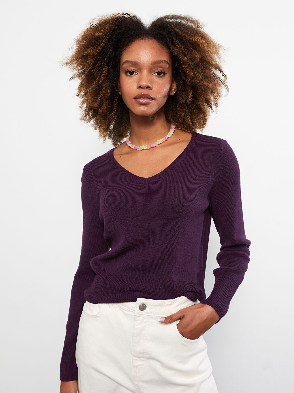 Mor V Yaka Düz Uzun Kollu Kadın Triko Kazak-2