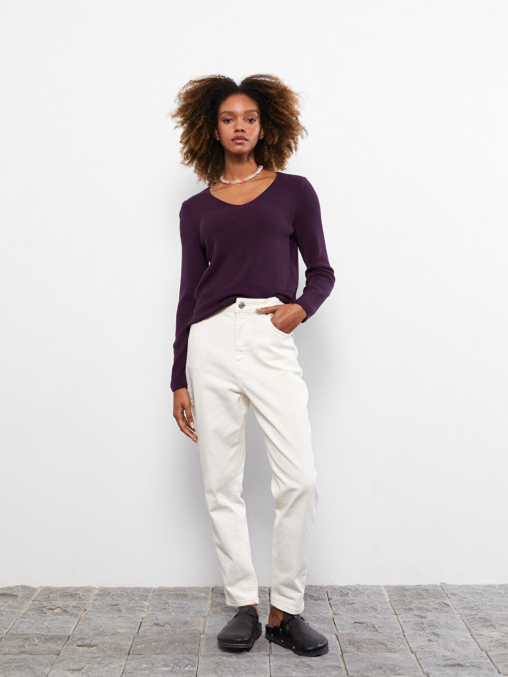 Mor V Yaka Düz Uzun Kollu Kadın Triko Kazak-3