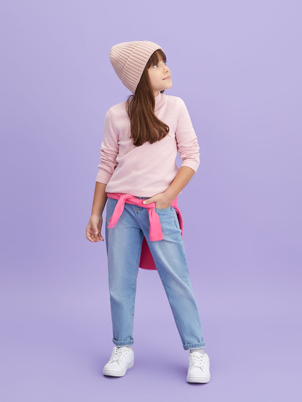 Pull-over Basique à Col Montant Manches Longues Fille en Tricot