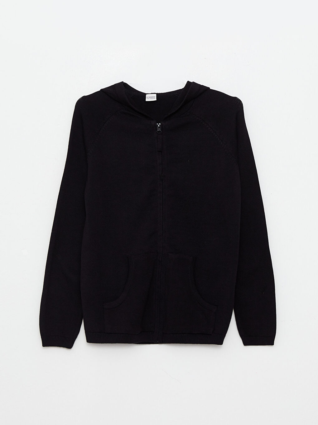 Siyah Kapüşonlu Basic Uzun Kollu Kız Çocuk Fermuarlı Triko Hırka