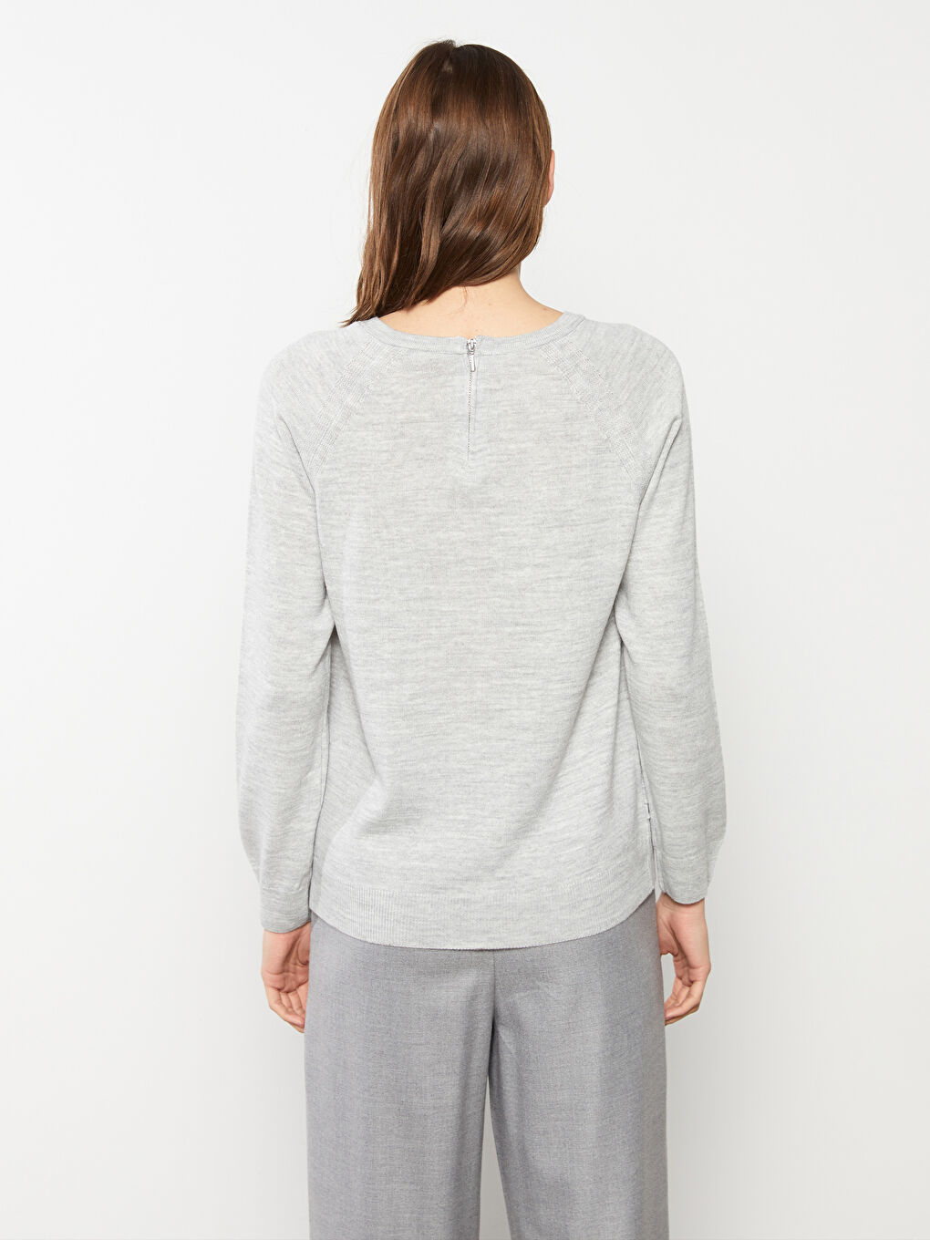 Gri Bisiklet Yaka Kendinden Desenli Uzun Kollu Kadın Triko Kazak-3