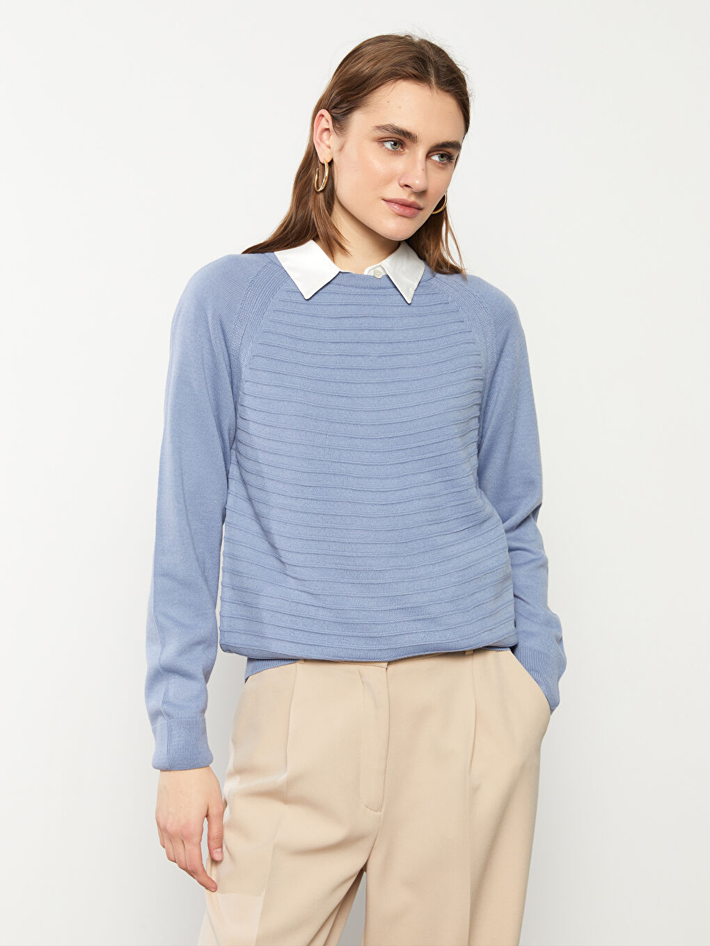 Mavi Bisiklet Yaka Kendinden Desenli Uzun Kollu Kadın Triko Kazak-1