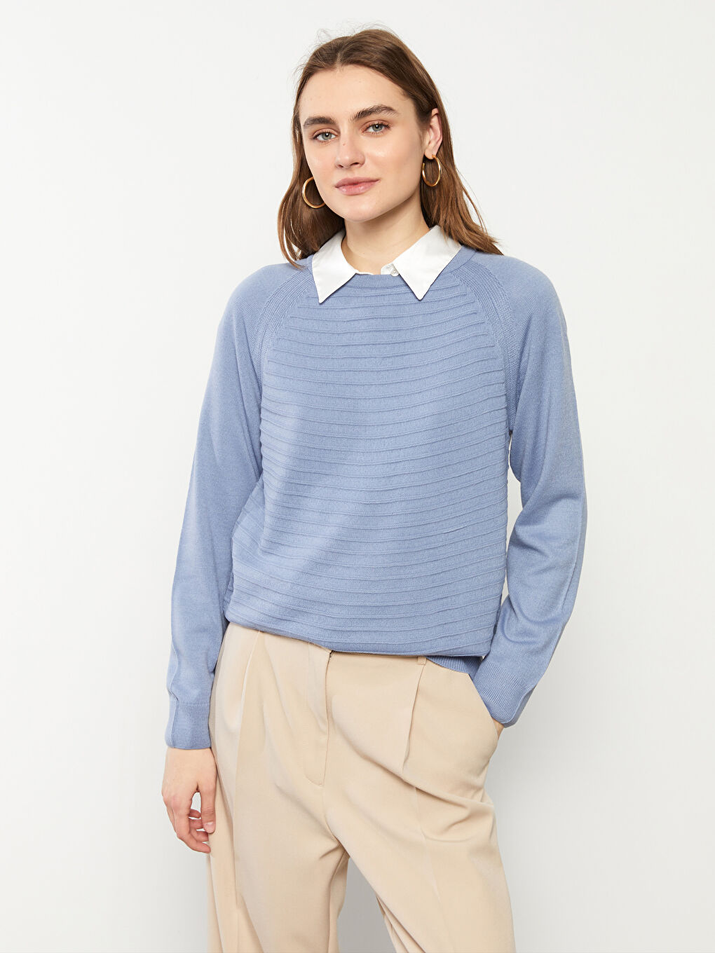 Mavi Bisiklet Yaka Kendinden Desenli Uzun Kollu Kadın Triko Kazak-2