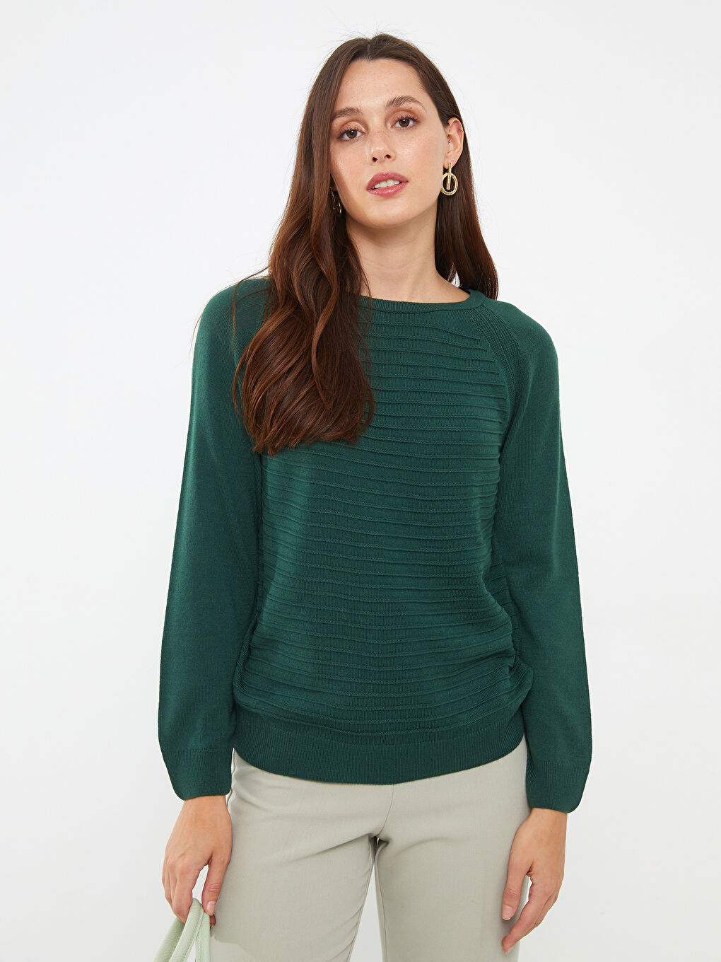 Yeşil Bisiklet Yaka Kendinden Desenli Uzun Kollu Kadın Triko Kazak