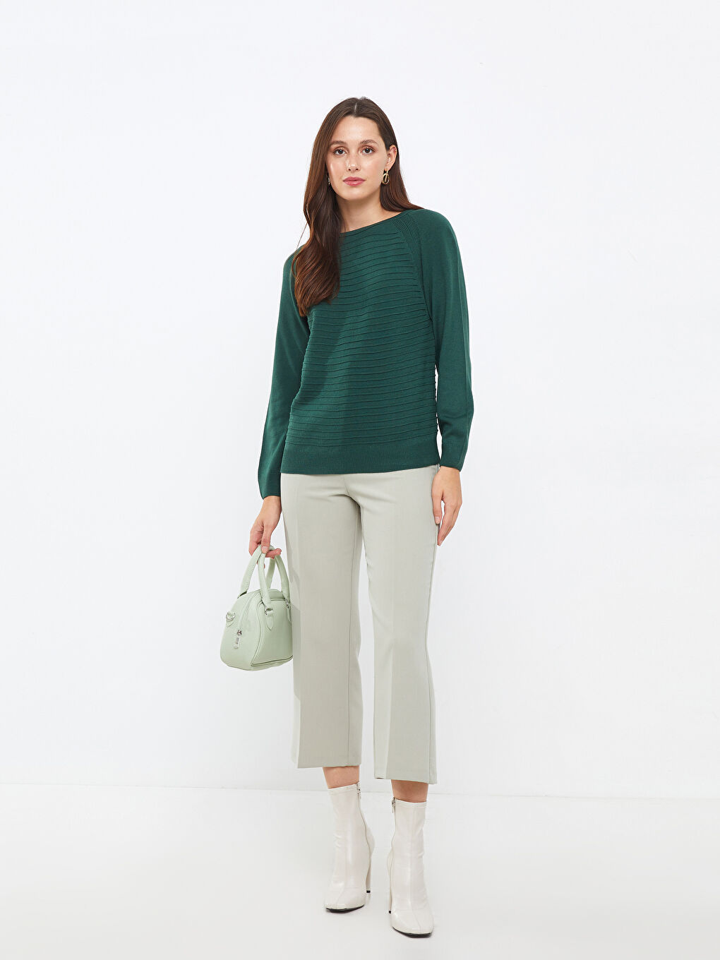 Yeşil Bisiklet Yaka Kendinden Desenli Uzun Kollu Kadın Triko Kazak-1