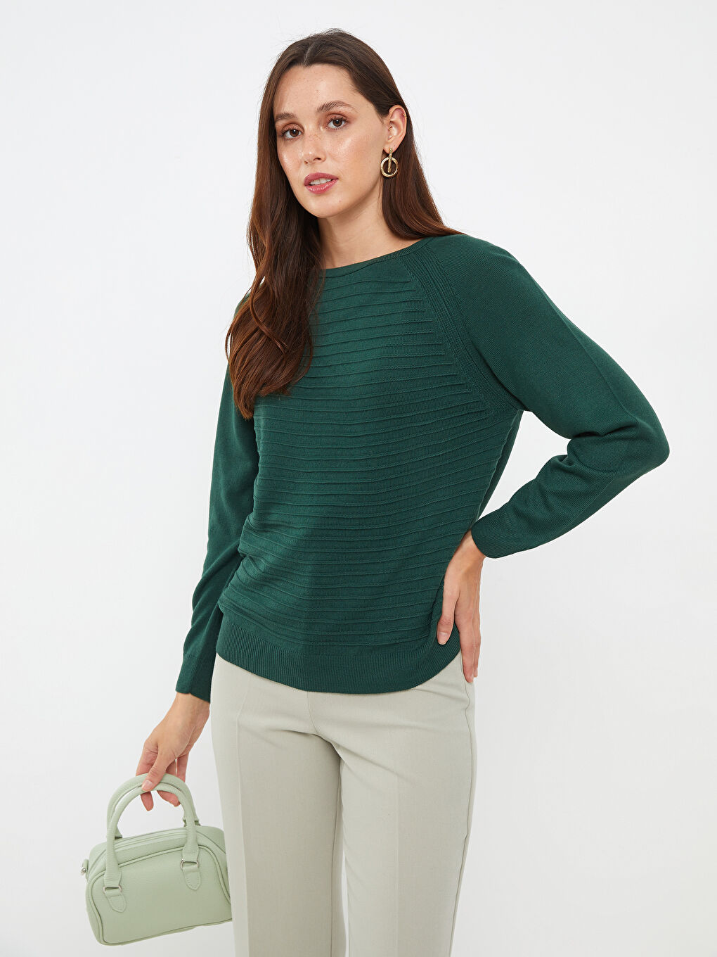 Yeşil Bisiklet Yaka Kendinden Desenli Uzun Kollu Kadın Triko Kazak-2