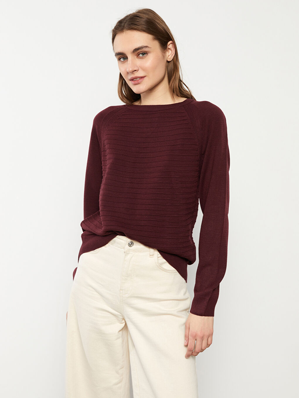 Bordo Bisiklet Yaka Kendinden Desenli Uzun Kollu Kadın Triko Kazak-1